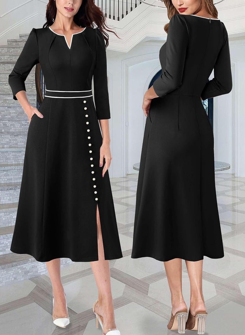 VFSHOW Womens Pleated Notch V Neck Front Slit Buttons Pockets Office Business Work Slim A-line Fit and Flare Midi Dress - Image 1